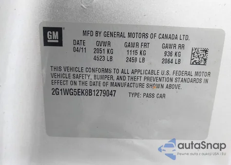 2011 Chevrolet Impala Lt z USA, uszkodzony, nr VIN 2G1WG5EK8B1264791